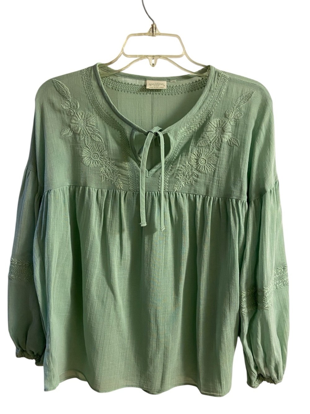Spartina 449 Mint Green Embroidered Peasant Blouse Boho Top Small